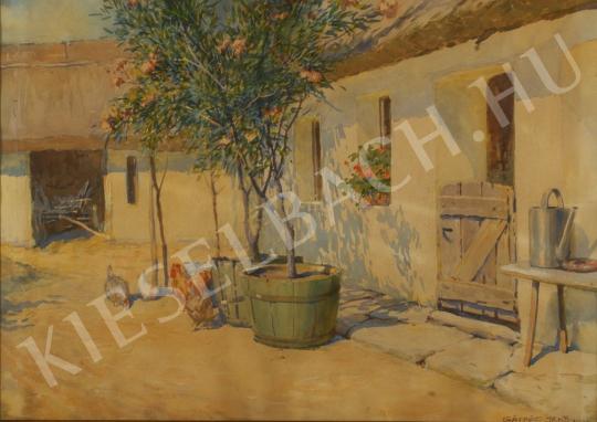 signed as Jenő Gáspár - Sunlit Farmyard with Oleanders painting