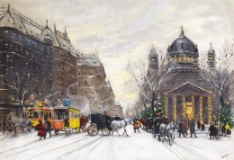  Berkes Antal - Téli Budapesti utca fiákerekkel, 1913 