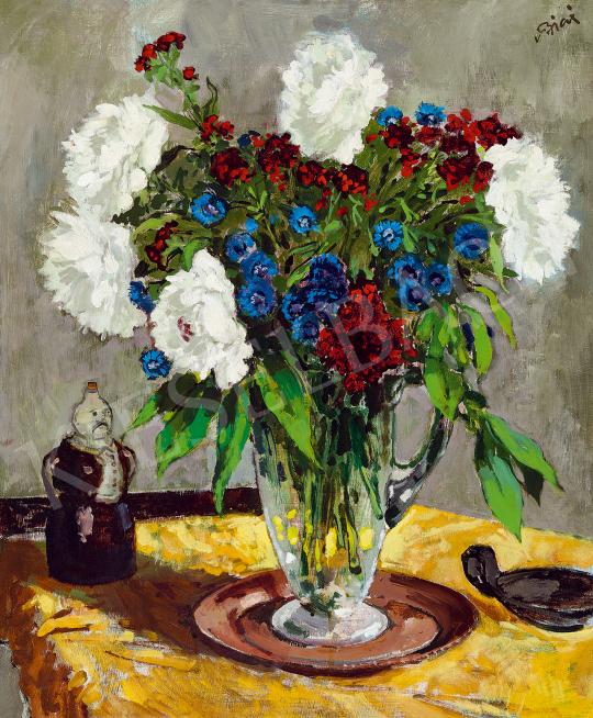 For sale Biai-Föglein, István - Studio Still-Life with Red, White, Blue Flowers 's painting