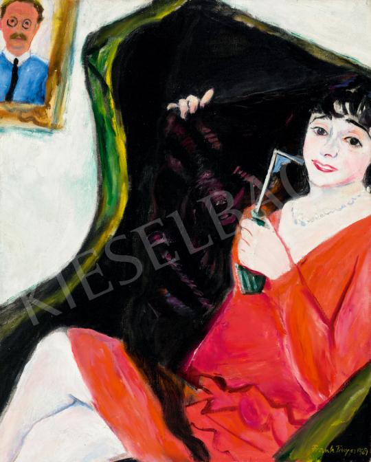  Frank Frigyes - Fotelben ülő vörös ruhás Mimi (Mi ketten), 1929 | 74. Tavaszi aukció aukció / 78 tétel