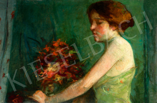  Ismeretlen magyar festő, 1910 körül - Fiatal lány virágcsokorral | 74. Tavaszi aukció aukció / 27 tétel