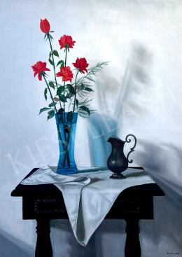 Mácsai, István - Blue vase still life with roses  
