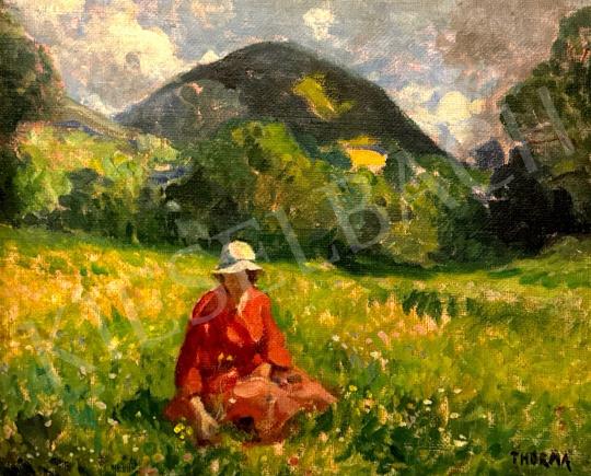 For sale Thorma, János - A woman with a hat on the meadow of Nagybánya (Cross Mountain in the background) 's painting