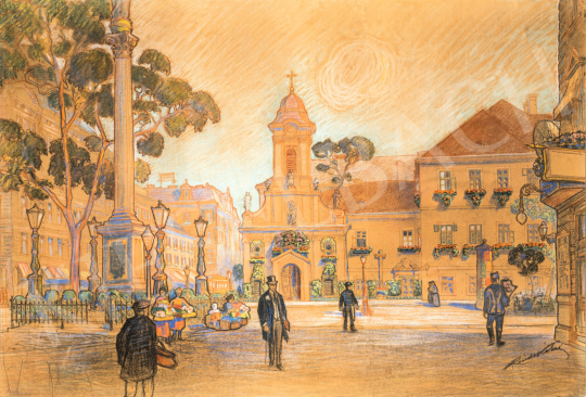 Reichl, Kálmán - The Rákóczi Street with the Rókus Chapel and the Maria Immaculata Statue, c. 1910 | 75th Autumn auction auction / 37 Lot