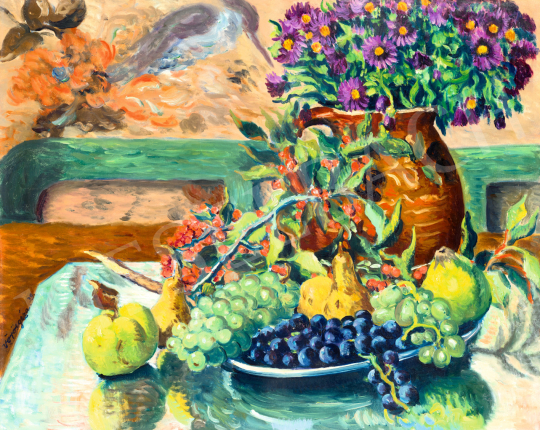  Vörös, Géza - Flower Still Life with Autumn Fruits and Hummingbird Tapestry, 1939 | 75th Autumn auction auction / 234 Lot