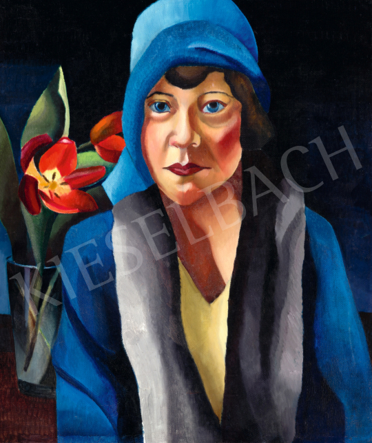  Unknown Hungarian or French Painter, 1920s - Art Deco Woman in a Blue Hat with a Red Tulip | 75th Autumn auction auction / 109 Lot