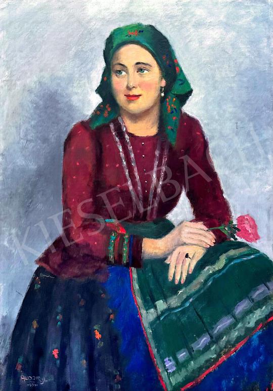 Eladó Áldor János László - Fiatal nő népviseletben, rózsával, 1934  festménye