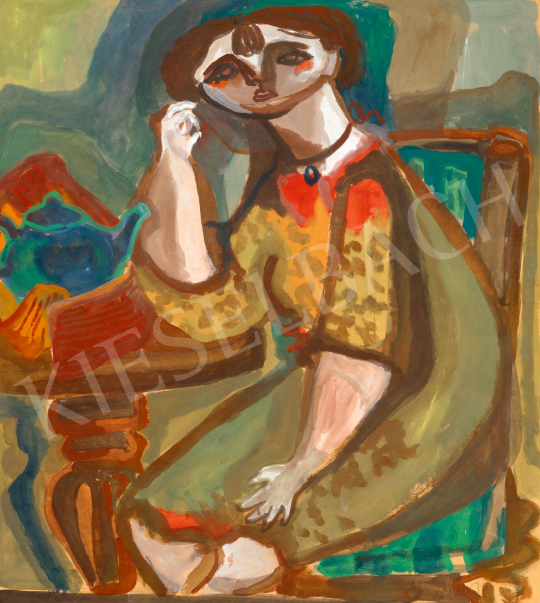  Anna Margit - Önarckép medalionnal (Délutáni tea mellett), 1940 | 76. aukció aukció / 131 tétel