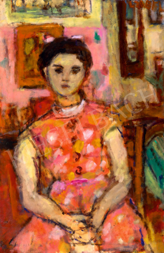  Czóbel, Béla - Girl in a Pink Dress with a Pendulum Clock in the Background, 1958 | 76th auction auction / 178 Lot