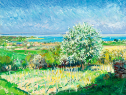  Boldizsár István - Virágzó fák háttérben a Balatonnal (Balatonarács), 1963 