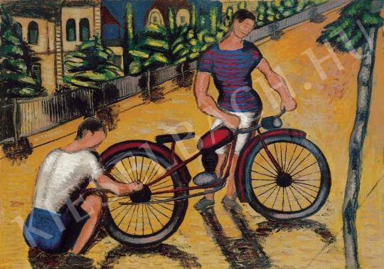  Román, György - Boys with a 'Motorbike' (Motorcycle), c. 1930 painting